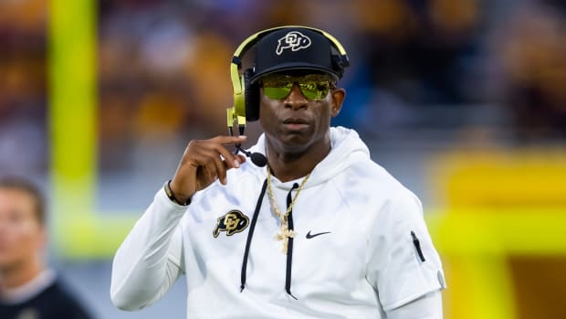 Colorado Buffaloes head coach Deion Sanders against the Arizona State Sun Devils at Mountain America Stadium